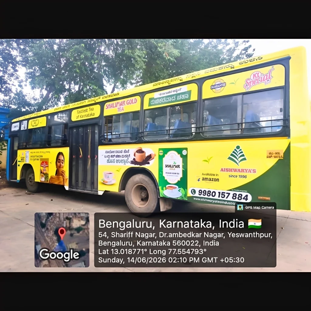 BMTC Bus advertisement for Aishwarya Tea left side