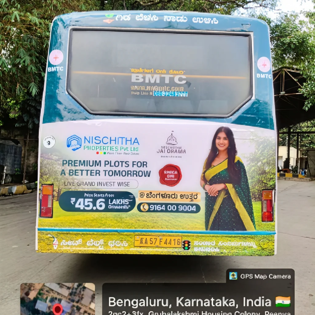 BMTC Bus advertisement for Nischitha Properties back side
